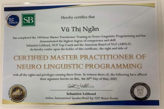 Chứng chỉ Master Practitioner of NLP – Bậc thầy thực hành NLP được chứng nhận bởi Hiệp hội NLP Hoa Kỳ (ABNLP) và Hiệp hội Time Line Therapy ™.