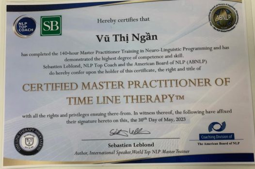 Chứng chỉ Master Practitioner of Time Line Therapy - Nhà trị liệu theo liệu pháp dòng thời gian được chứng nhận bởi Hiệp hội NLP Hoa Kỳ (ABNLP) và Hiệp hội Time Line Therapy ™.