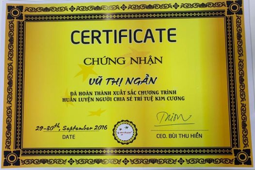 Chứng chỉ hoàn thành chương trình Huấn luyện người chia sẻ trí tuệ kim cương 