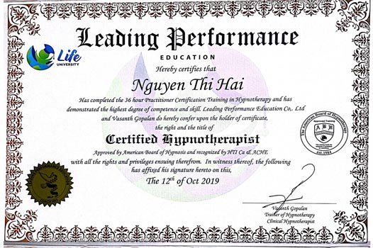 Chứng chỉ HYPNOTHERAPIST – Nhà thực hành thôi miên trị liệu – cấp bởi Hiệp hội thôi miên Hoa Kỳ