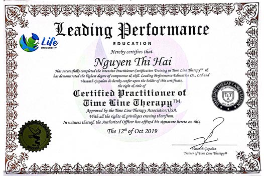 Chứng chỉ TIMELINE THERAPIST – Nhà trị liệu theo liệu pháp dòng thời gian – chứng nhận bởi Hiệp hội Time Line Therapy ™.