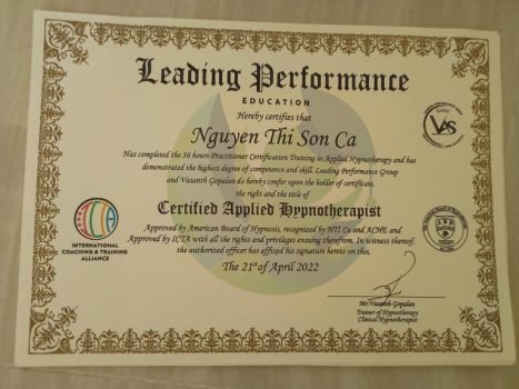 Chứng nhận Leading Performance được chứng nhận bởi Hiệp hội Huấn luyện và Đào tạo Quốc tế (ICTA – International Coaching & Training Alliance).