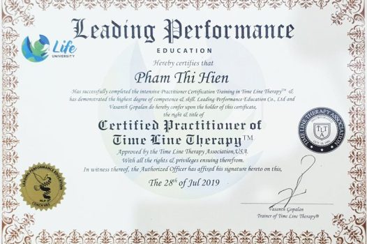 Chứng chỉ TIMELINE THERAPIST – Nhà trị liệu theo liệu pháp dòng thời gian – chứng nhận bởi Hiệp hội Time Line Therapy ™.