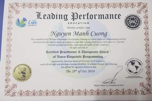 Chứng chỉ NLP PRACTITIONER – Nhà thực hành NLP trị liệu – chứng nhận bởi Uỷ ban NLP Hoa Kỳ (ABNLP).