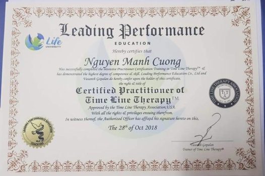 Chứng chỉ TIMELINE THERAPIST - Nhà trị liệu theo liệu pháp dòng thời gian - chứng nhận bởi Hiệp hội Time Line Therapy ™.