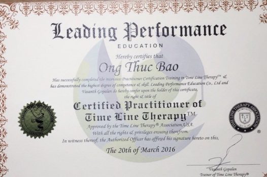 Chứng chỉ TIMELINE THERAPIST - Nhà trị liệu theo liệu pháp dòng thời gian - chứng nhận bởi Hiệp hội Time Line Therapy ™.