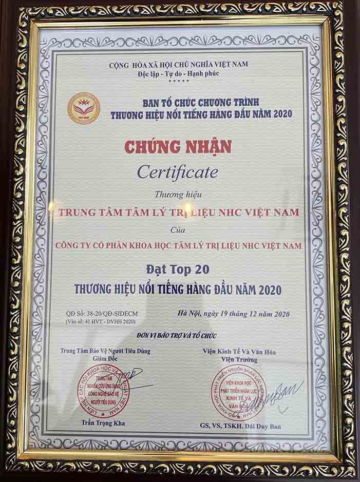 Chứng nhận Top 20 Thương hiệu nổi tiếng hàng đầu Việt Nam năm 2020