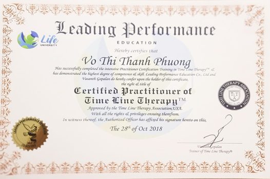 Chứng chỉ TIMELINE THERAPIST – Nhà trị liệu theo liệu pháp dòng thời gian – chứng nhận bởi Hiệp hội Time Line Therapy ™.