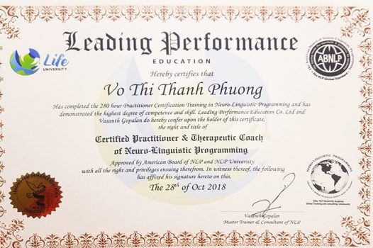 Chứng chỉ NLP PRACTITIONER – Nhà thực hành NLP trị liệu – chứng nhận bởi Uỷ ban NLP Hoa Kỳ (ABNLP).