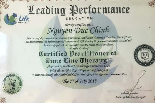 Chứng chỉ TIMELINE THERAPIST - Nhà trị liệu theo liệu pháp dòng thời gian - chứng nhận bởi Hiệp hội Time Line Therapy ™.