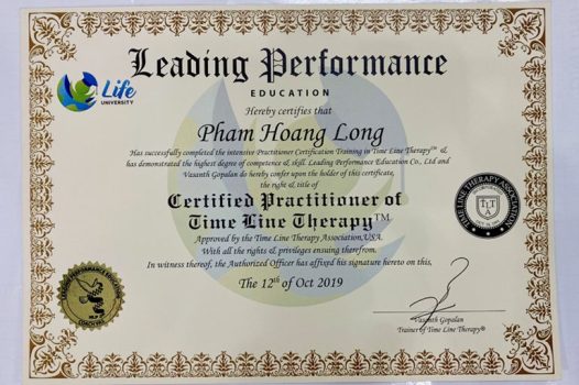 Chứng chỉ TIMELINE THERAPIST – Nhà trị liệu theo liệu pháp dòng thời gian – chứng nhận bởi Hiệp hội Time Line Therapy ™.