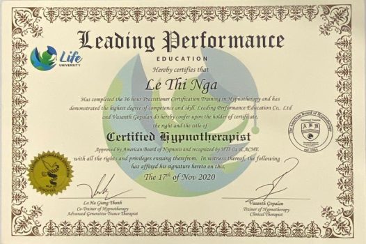 Chứng chỉ HYPNOTHERAPIST – Nhà thực hành thôi miên trị liệu – cấp bởi Hiệp hội thôi miên Hoa Kỳ