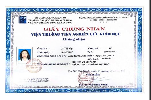 Chứng nhận Sư phạm giảng dạy Cao đẳng, Đại học cấp bởi Viện Nghiên cứu Giáo dục - Đại học Sư Phạm Thành phố Hồ Chí Minh.