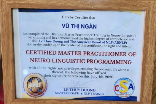 Chứng chỉ Master Practitioner of NLP - Bậc thầy thực hành NLP được chứng nhận bởi Hiệp hội NLP Hoa Kỳ (ABNLP). 