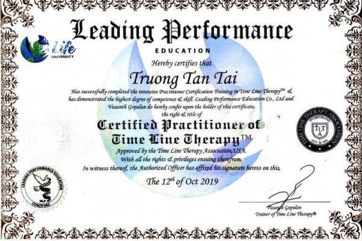 Chứng chỉ TIMELINE THERAPIST – Nhà trị liệu theo liệu pháp dòng thời gian – chứng nhận bởi Hiệp hội Time Line Therapy ™.