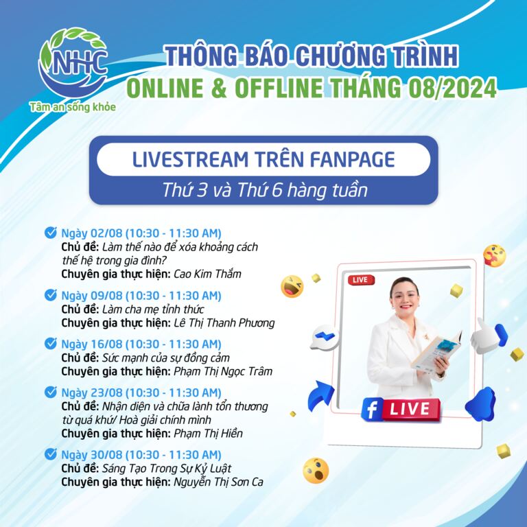 Chương trình LIVESTREAM tại Fanpage Trung tâm Tâm lý trị liệu NHC Việt Nam tháng 8