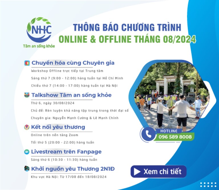 Trung tâm Tâm lý trị liệu NHC Việt Nam thông báo các chương tháng 8 năm 2024