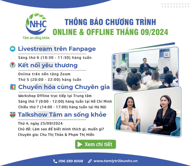 Trung tâm Tâm lý trị liệu NHC Việt Nam thông báo các chương trình tháng 9 năm 2024