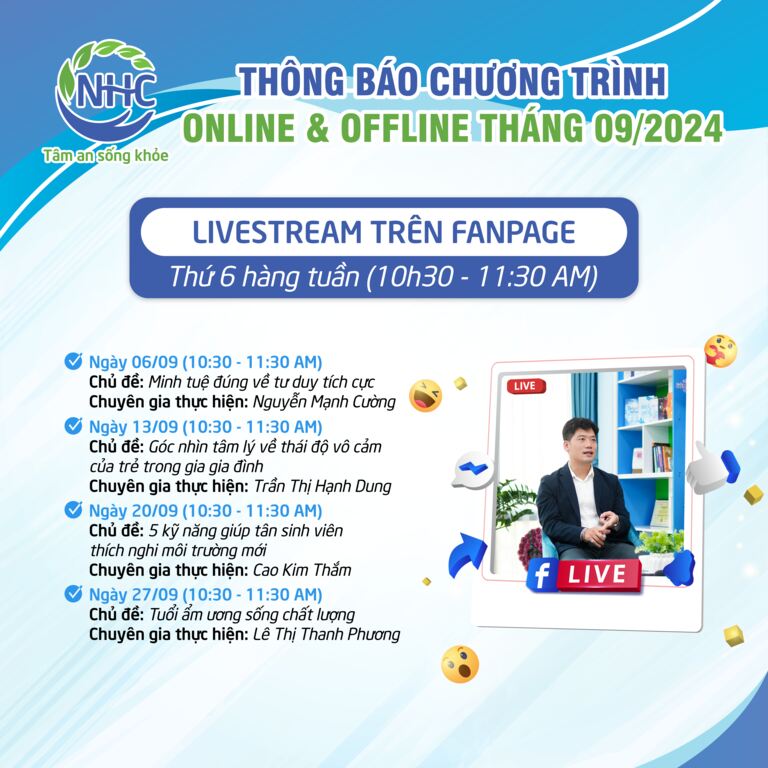 Chương trình LIVESTREAM tại Fanpage Trung tâm Tâm lý trị liệu NHC Việt Nam tháng 9